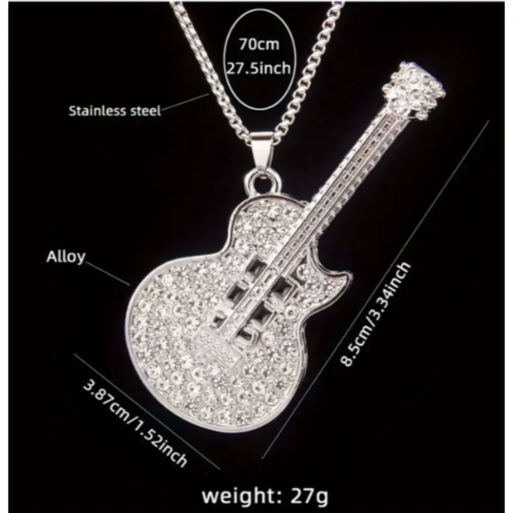 Large Silver ICED Rhinestone Guitar Necklace Men Women Teens